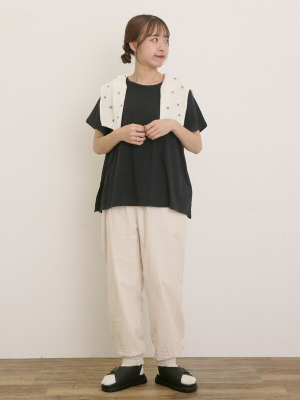 セール】 【M/Lサイズ】綿麻裾ギャザーレースパンツ（ブラック