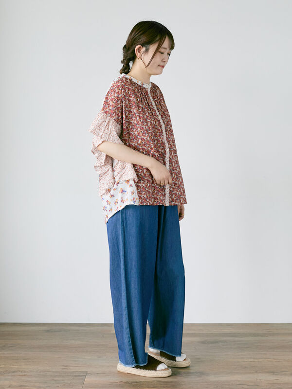 セール】 インド柄アソート袖フリルブラウス（オフホワイト/ブラック