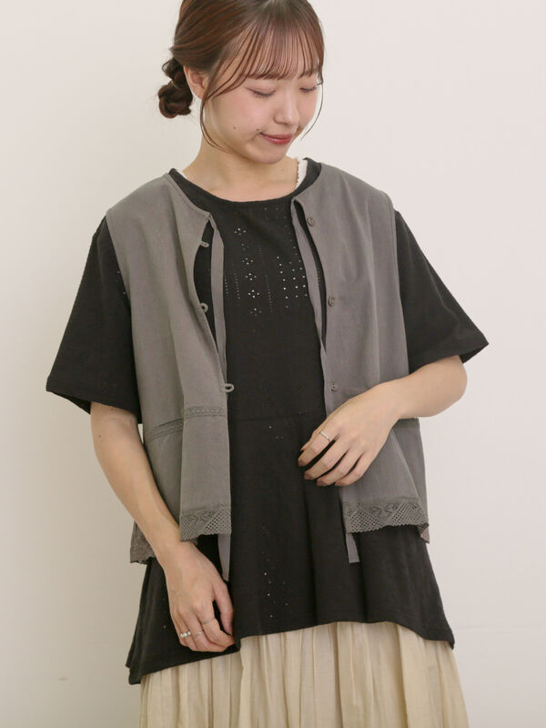 セール】 レース付きリボン開きベスト（グレー/チャコールグレー
