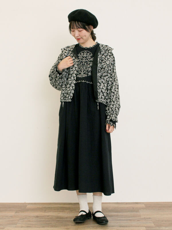 セール】 【S/Mサイズ】配色刺繍ワンピース（グレー/ブラック/レッド