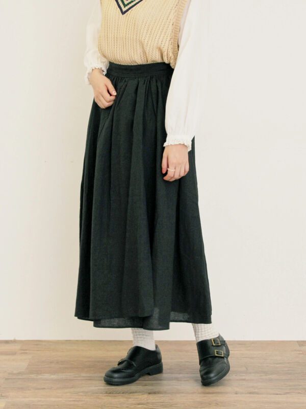 Cross×Linen】ラップ風スカート（チャコールグレー/ブラック
