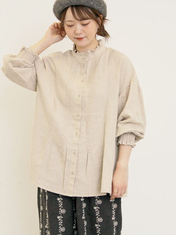 セール】 【Cross×Linen】ピンタックブラウス（オフホワイト/ブラック