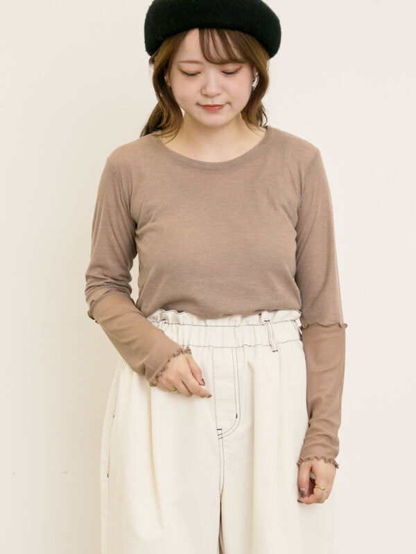 セール】 袖シアー切替メローカットソー（グレー/ブラック/モカ