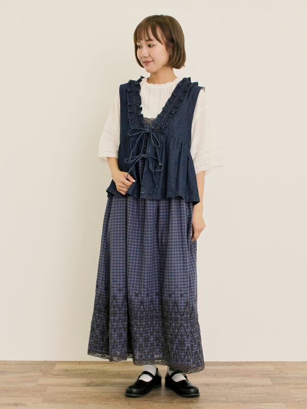 刺繍デニムベスト（ブラック/ブルー/ネイビー/アウター/ベスト