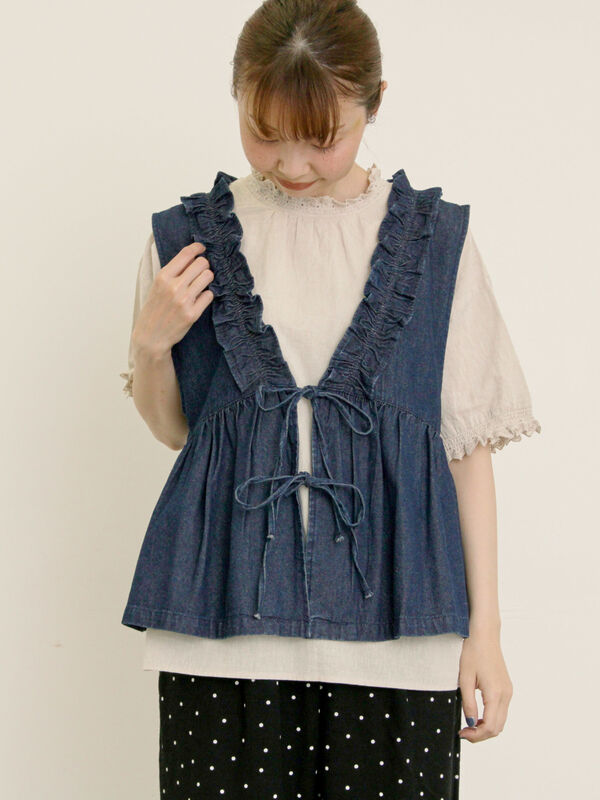 刺繍デニムベスト（ブラック/ブルー/ネイビー/アウター/ベスト