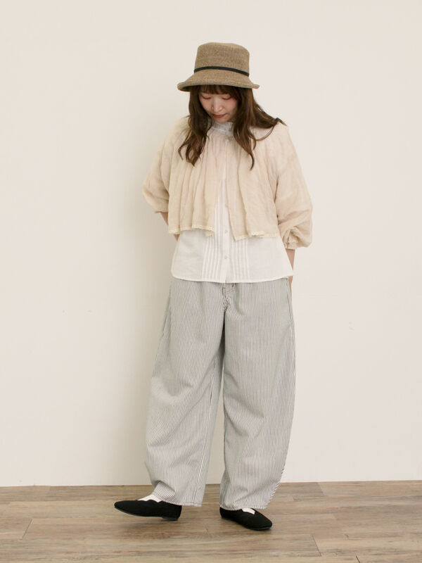 S/M/Lサイズ】刺繍デニム/ヒッコリーカーブパンツ（オフホワイト