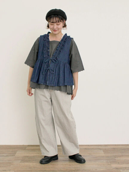 【S/M/Lサイズ】刺繍デニム/ヒッコリーカーブパンツ（オフホワイト/ブラック/ブルー/ネイビー）｜Samansa Mos2（サマンサ モスモス）通販