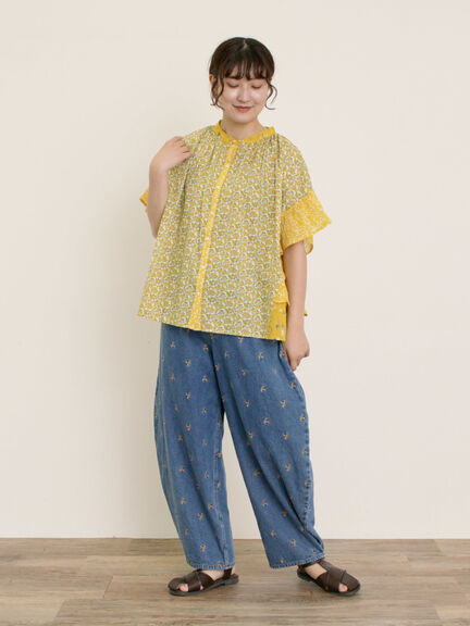 【S/M/Lサイズ】刺繍デニム/ヒッコリーカーブパンツ（オフホワイト/ブラック/ブルー/ネイビー）｜Samansa Mos2（サマンサ モスモス）通販