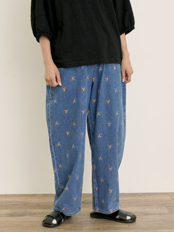 amitie デニムパンツ 刺繍 花レース 裾レース ブルー Lサイズ 楽天市場】刺繍レース付きデニムワイドパンツ 秋新作 九分丈