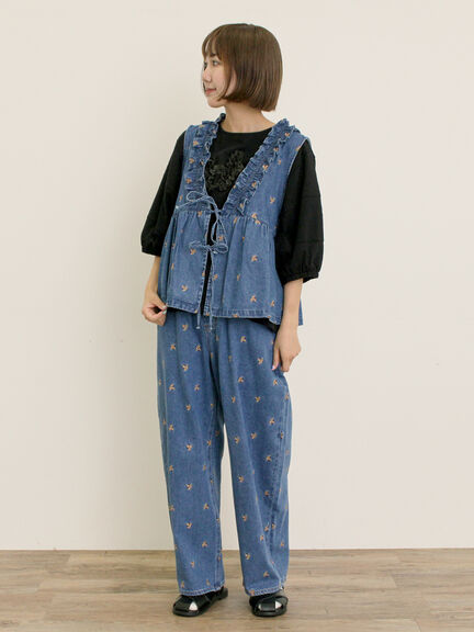 【S/M/Lサイズ】刺繍デニム/ヒッコリーカーブパンツ（オフホワイト/ブラック/ブルー/ネイビー）｜Samansa Mos2（サマンサ モスモス）通販