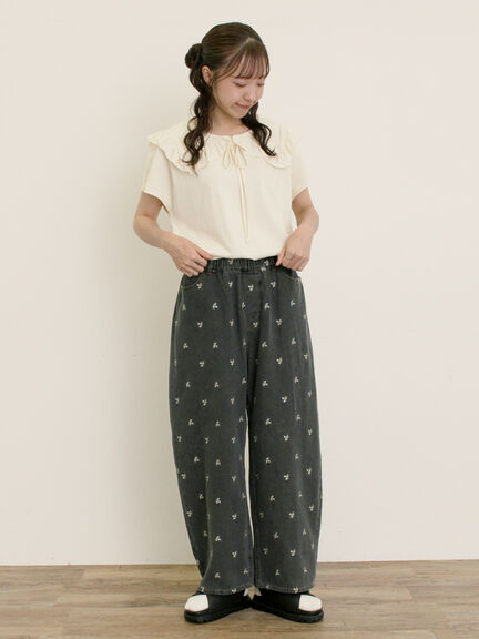 【S/M/Lサイズ】刺繍デニム/ヒッコリーカーブパンツ（オフホワイト/ブラック/ブルー/ネイビー）｜Samansa Mos2（サマンサ モスモス）通販