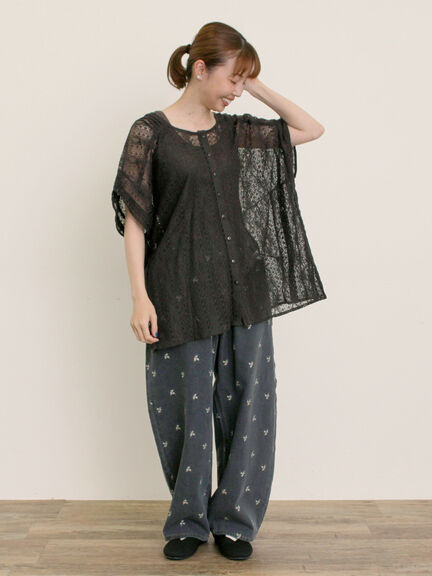 【S/M/Lサイズ】刺繍デニム/ヒッコリーカーブパンツ（オフホワイト/ブラック/ブルー/ネイビー）｜Samansa Mos2（サマンサ モスモス）通販