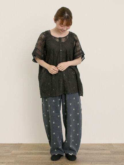 【S/M/Lサイズ】刺繍デニム/ヒッコリーカーブパンツ（オフホワイト/ブラック/ブルー/ネイビー）｜Samansa Mos2（サマンサ モスモス）通販