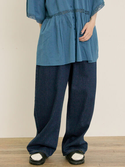 【S/M/Lサイズ】刺繍デニム/ヒッコリーカーブパンツ（オフホワイト/ブラック/ブルー/ネイビー）｜Samansa Mos2（サマンサ モスモス）通販