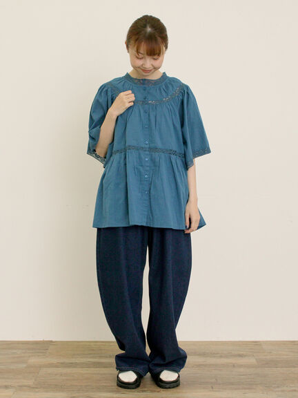 【S/M/Lサイズ】刺繍デニム/ヒッコリーカーブパンツ（オフホワイト/ブラック/ブルー/ネイビー）｜Samansa Mos2（サマンサ モスモス）通販
