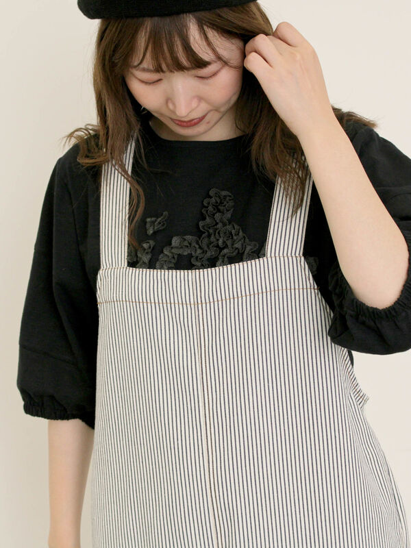 セール】 刺繍デニム/ヒッコリーサロペットパンツ（オフホワイト