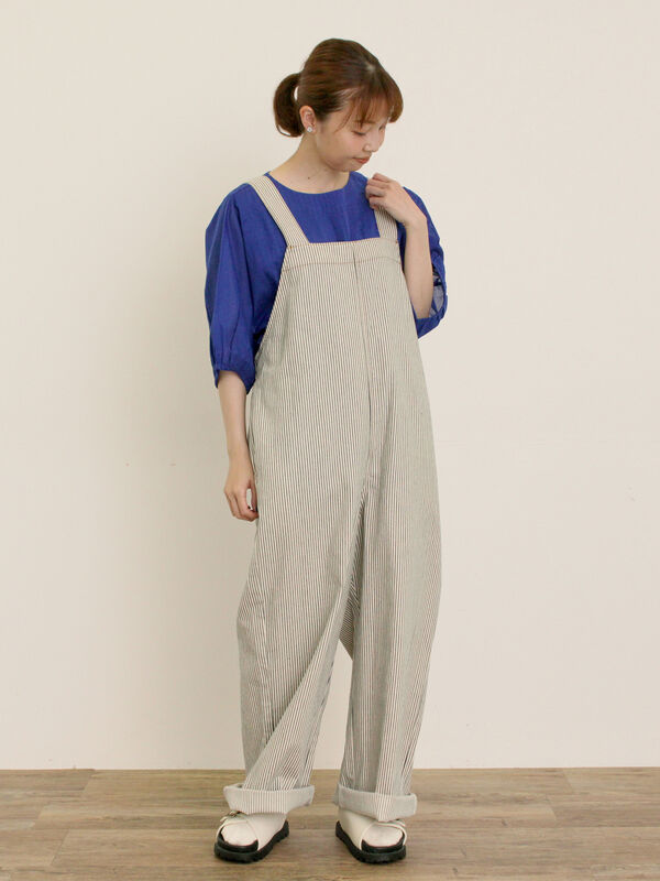 セール】 刺繍デニム/ヒッコリーサロペットパンツ（オフホワイト