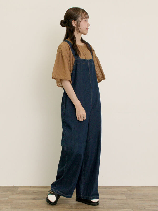 セール】 刺繍デニム/ヒッコリーサロペットパンツ（オフホワイト