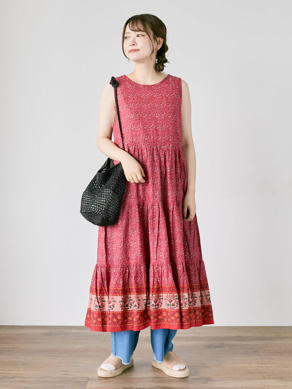 セール】 【S/Mサイズ】前後2WAYインドペイズリー柄ワンピース（レッド