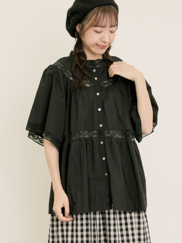 セール】 レースティアードチュニックブラウス（オフホワイト/ブラック