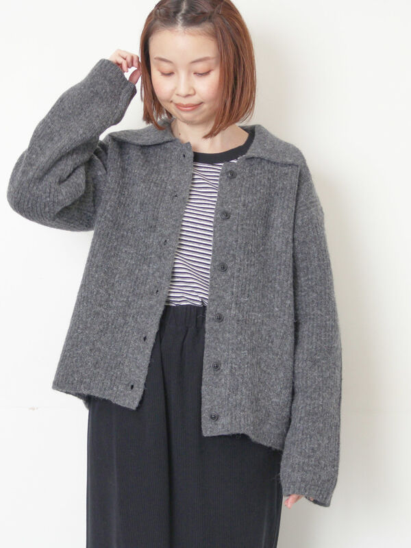 襟付ニットカーディガン（オフホワイト/チャコールグレー/ベージュ