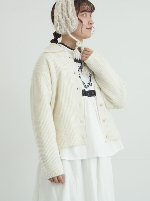 セール】 襟付ニットカーディガン（オフホワイト/チャコールグレー