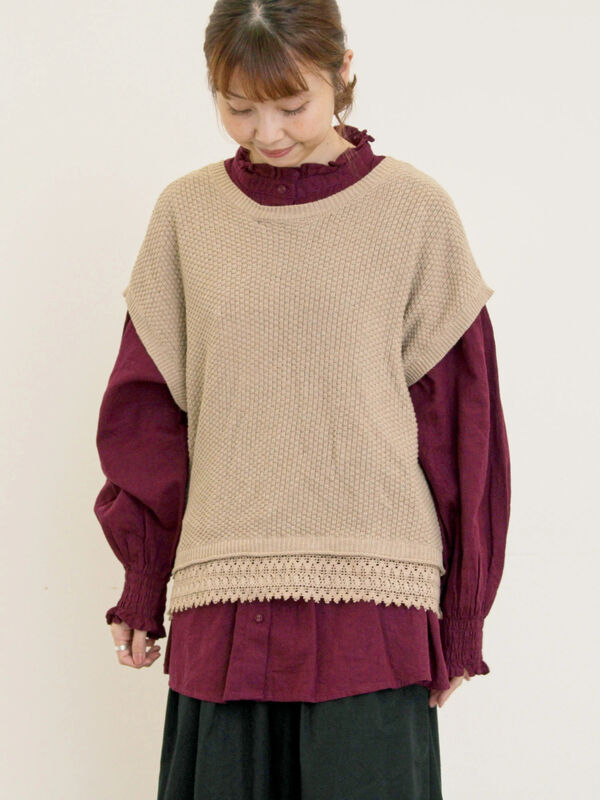 セール】 2WAY裾レースかのこベスト（ボルドー/ベージュ/ダーク