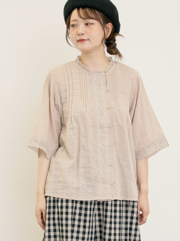 セール】 ドビーストライプレースブラウス（オフホワイト/ブラック