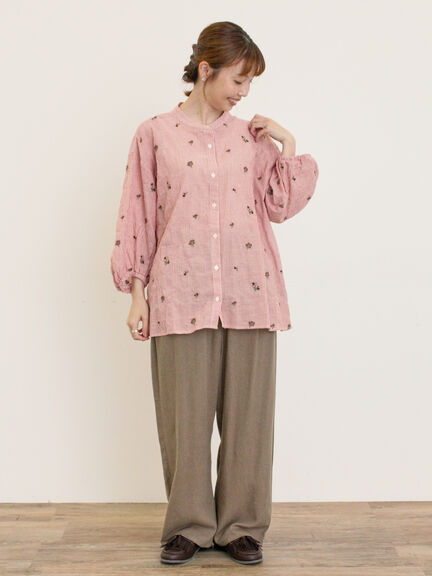 ストライプ総花柄刺繍バンドカラーシャツ（レッド/グリーン/ブルー/パープル）｜Samansa Mos2（サマンサ モスモス）通販