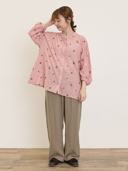 ストライプ総花柄刺繍バンドカラーシャツ（レッド/グリーン/ブルー/パープル）｜Samansa Mos2（サマンサ モスモス）通販