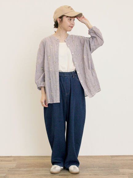 ストライプ総花柄刺繍バンドカラーシャツ（レッド/グリーン/ブルー/パープル）｜Samansa Mos2（サマンサ モスモス）通販