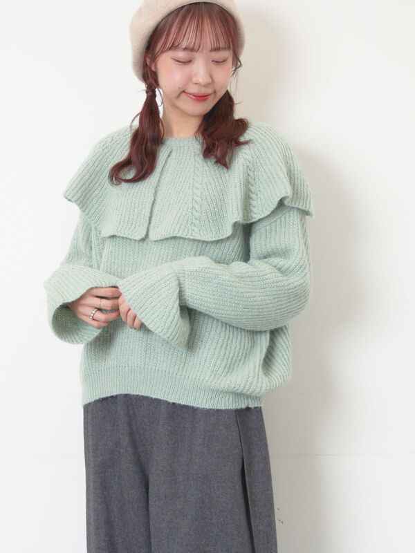 フリルカラーニット（ブラウン/ミント/キナリ/トップス/ニット