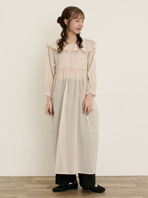 セール】 【S/Mサイズ】柄アソート襟フリル2WAYワンピース（ベージュ