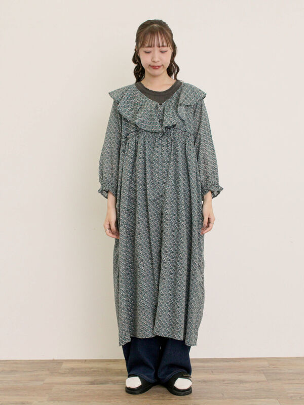 セール】 【S/Mサイズ】柄アソート襟フリル2WAYワンピース（ベージュ