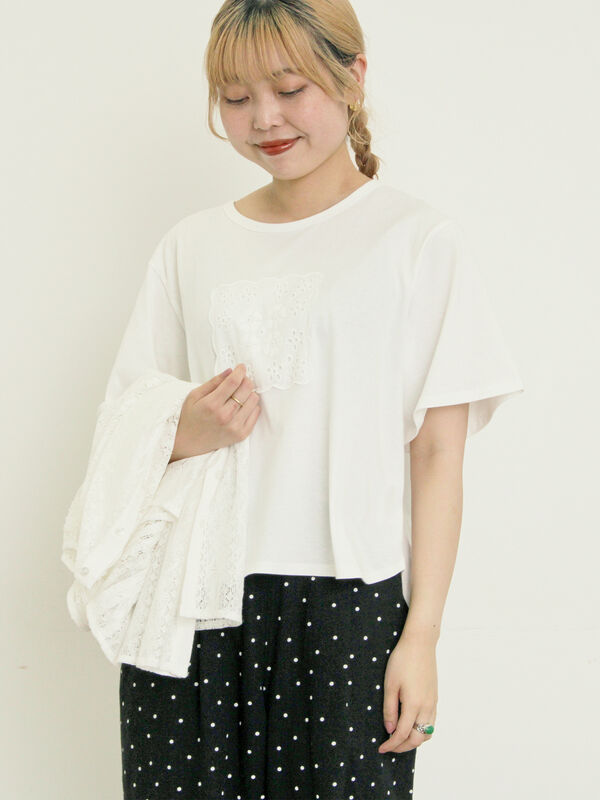 セール】 ◎レース刺繍Tシャツ（オフホワイト/ブラック/トップス/T