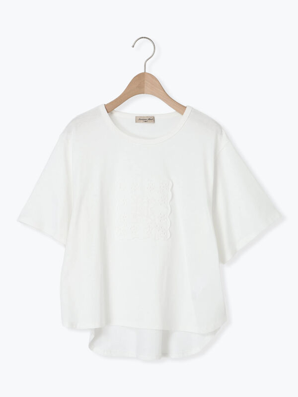 セール】 ◎レース刺繍Tシャツ（オフホワイト/ブラック/トップス