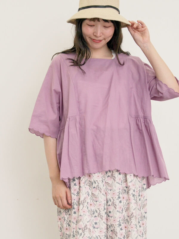 セール】 ◎裾スカラップブラウス（オフホワイト/チャコールグレー