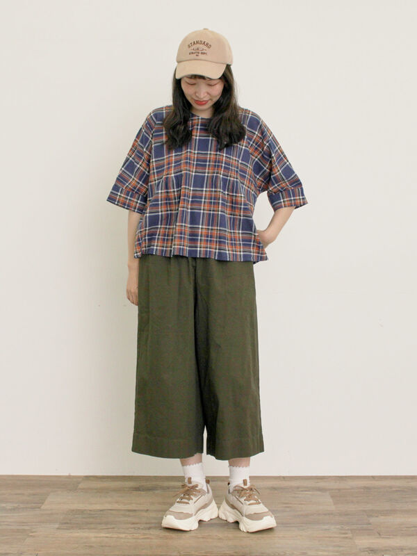 セール】 ◎チェック柄前後2WAYブラウス（オフホワイト/オレンジ