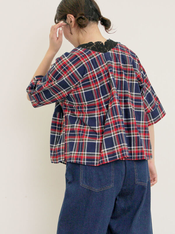 セール】 ◎チェック柄前後2WAYブラウス（オフホワイト/オレンジ