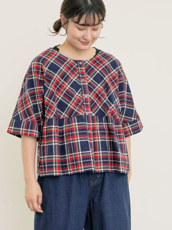 セール】 ◎チェック柄前後2WAYブラウス（オフホワイト/オレンジ