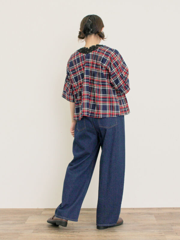 セール】 ◎チェック柄前後2WAYブラウス（オフホワイト/オレンジ