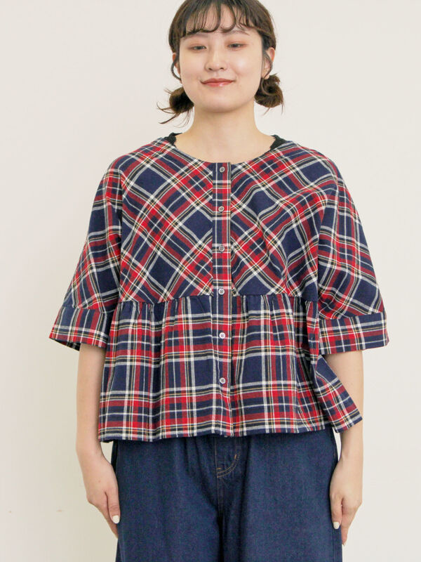 セール】 ◎チェック柄前後2WAYブラウス（オフホワイト/オレンジ