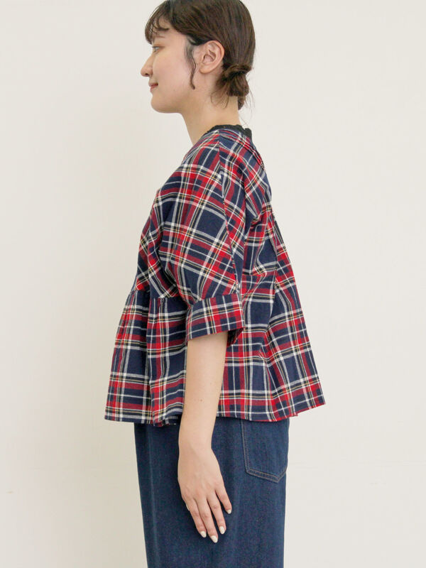 セール】 ◎チェック柄前後2WAYブラウス（オフホワイト/オレンジ