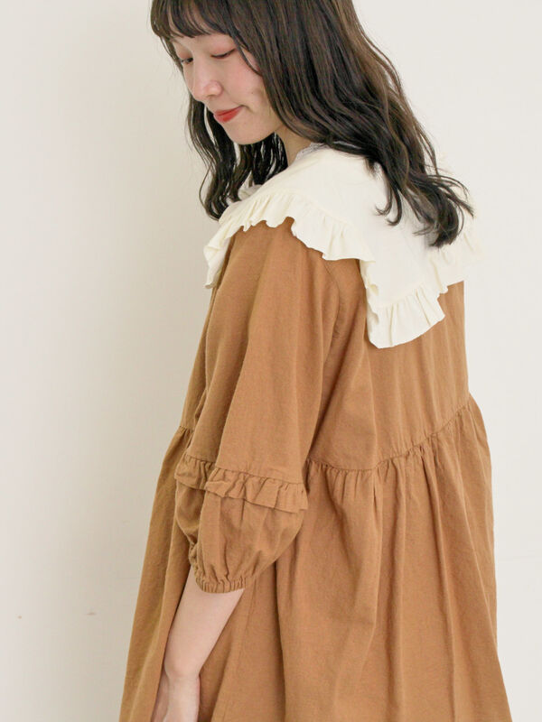セール】 ◎綿麻袖フリルブラウス（オフホワイト/ブラウン/グリーン