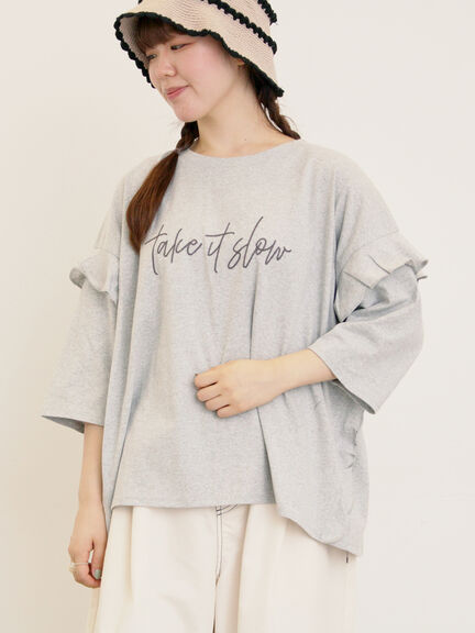 [接触冷感]袖フリルロゴ刺繍Tシャツ（グレー/オレンジ/ダークブラウン/グリーン）｜Samansa Mos2（サマンサ モスモス）通販