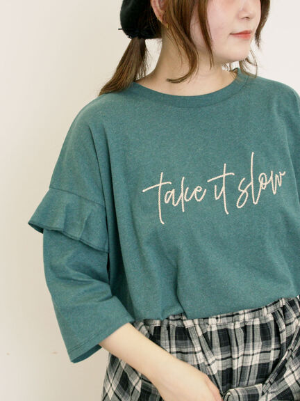 [接触冷感]袖フリルロゴ刺繍Tシャツ（グレー/オレンジ/ダークブラウン/グリーン）｜Samansa Mos2（サマンサ モスモス）通販
