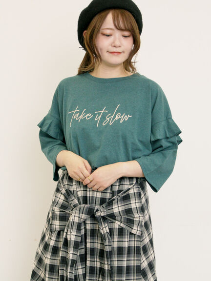 [接触冷感]袖フリルロゴ刺繍Tシャツ（グレー/オレンジ/ダークブラウン/グリーン）｜Samansa Mos2（サマンサ モスモス）通販