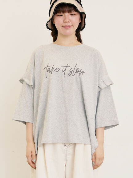 [接触冷感]袖フリルロゴ刺繍Tシャツ（グレー/オレンジ/ダークブラウン/グリーン）｜Samansa Mos2（サマンサ モスモス）通販