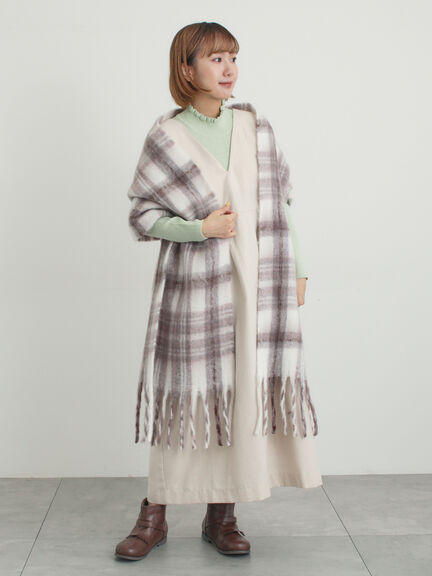 【帯電防止/ウォッシャブル】太フリンジチェックマフラー（ベージュ/ダークブラウン/グリーン）｜Samansa Mos2（サマンサ モスモス）通販