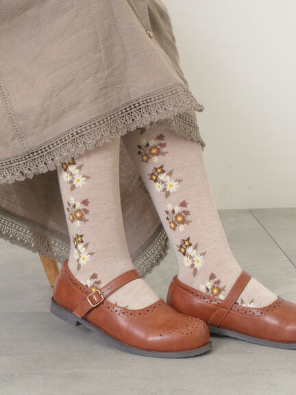 セール】 フラワーラインタイツ（グレー/ベージュ/ブラウン/レッグ